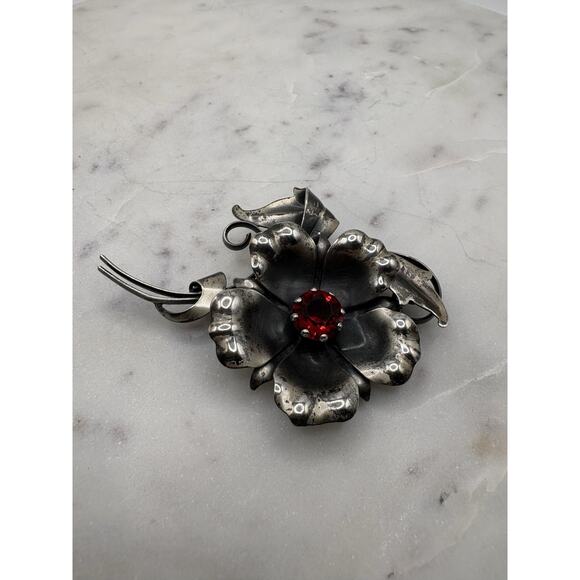 Vintage Sterling Silver Red Rhinestone Flower Brooch Pin Pendant Art Deco - Picture 3 of 6